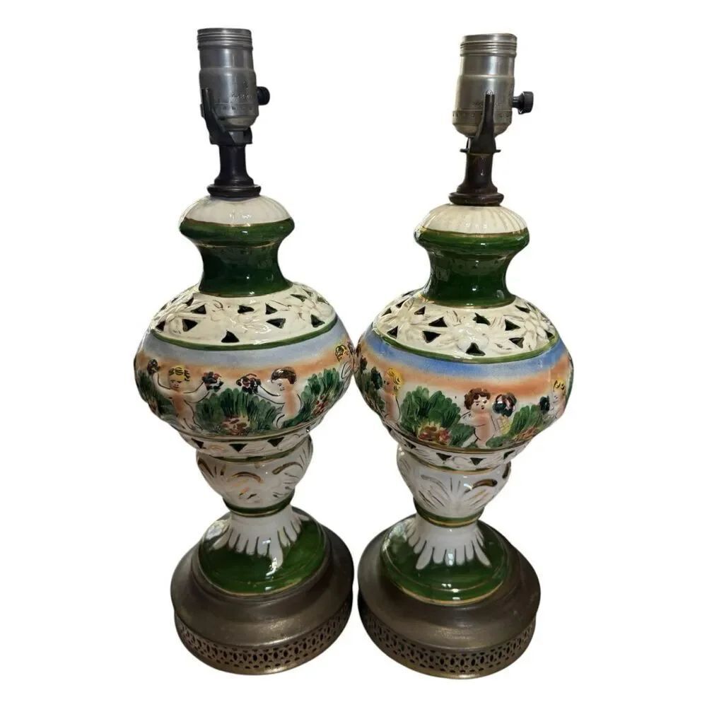 Capodimonte Style Italian Porcelain Table Lamps Hand Painted Cherub Set Of 2